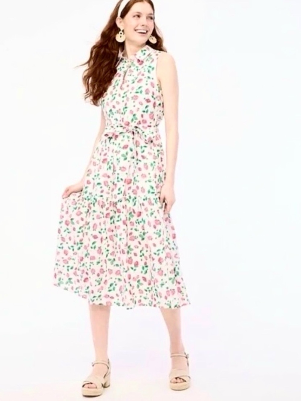 J. Crew Strawberry Print Sleeveless Midi Cotton Shirt Dress Button A Line 6P - Picture 2 of 11